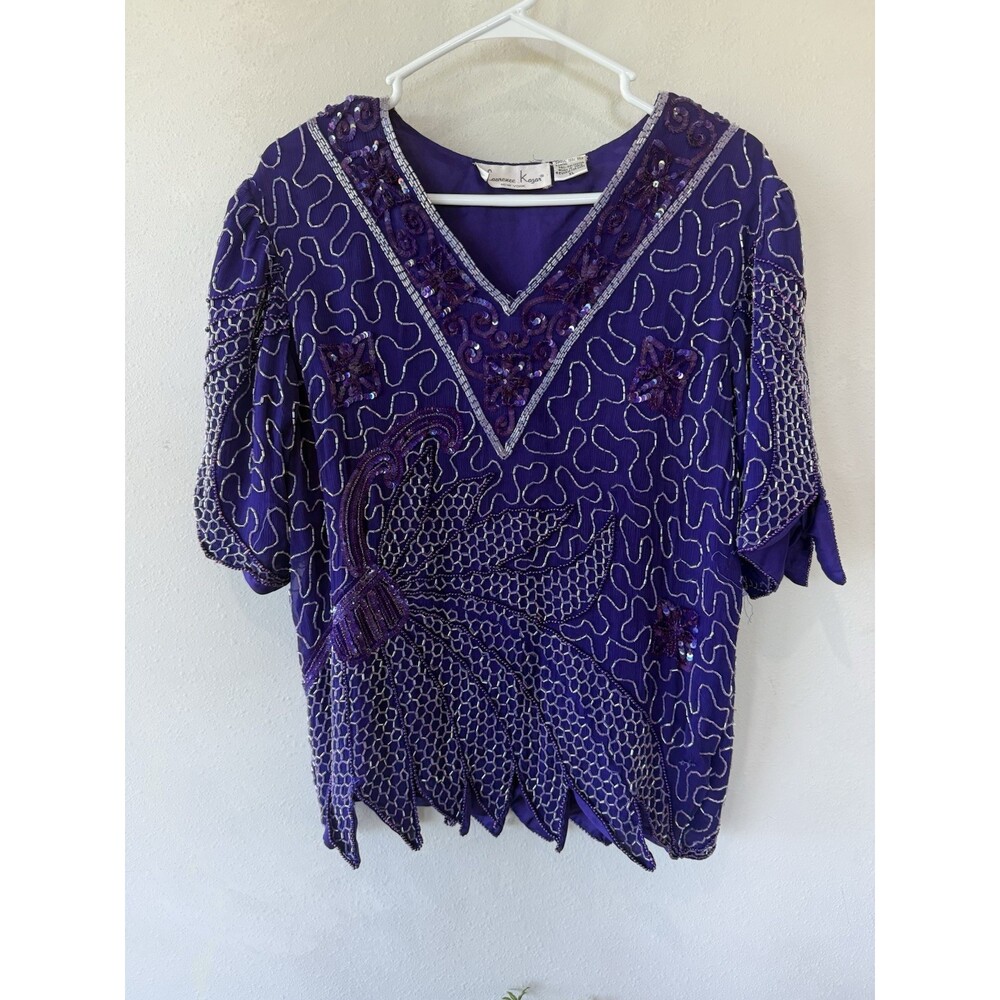 Vintage 80's Laurence Kazar Women’s 100% Silk Beaded Shell Top XL Short Sleeve
